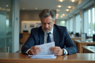Homme d'affaires en costume dans une banque moderne
