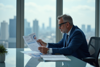 Homme d'affaires en costume bleu examinant des graphiques financiers