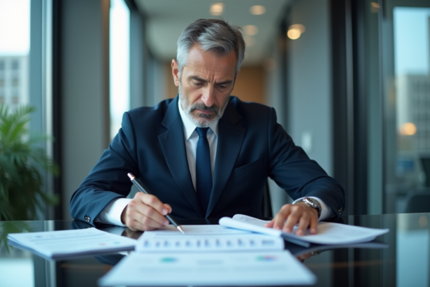 Homme d'affaires en costume bleu examinant des documents financiers