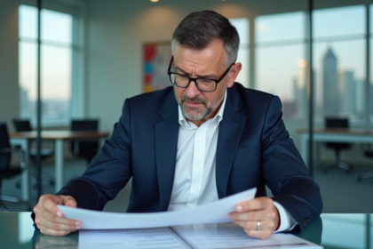 Homme d affaires en costume regardant des documents financiers