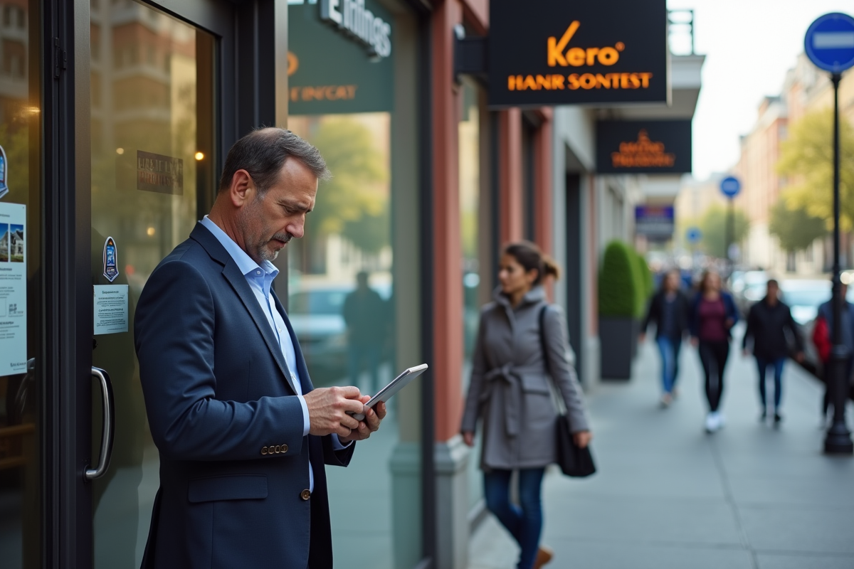 Homme d age devant agence immobiliere en ville