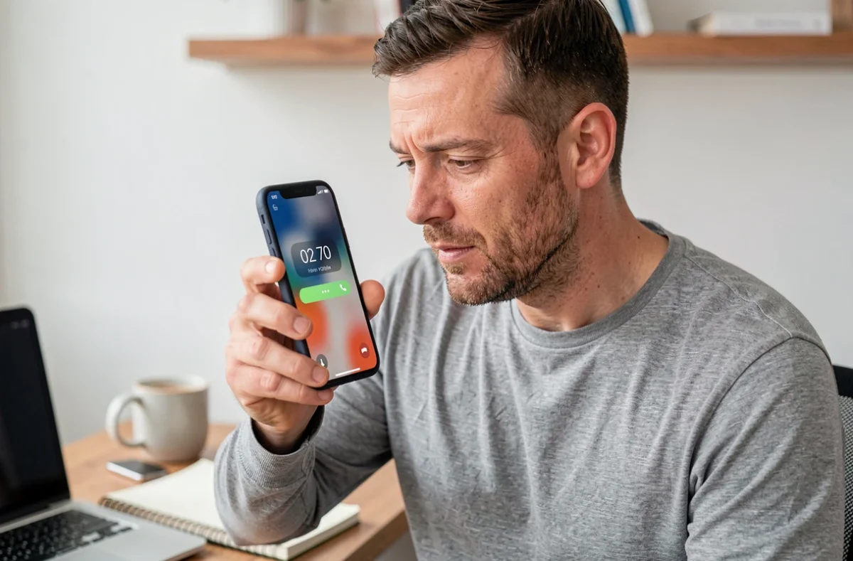 Homme consultant un appel entrant d'un numéro 02 70 sur son téléphone au bureau