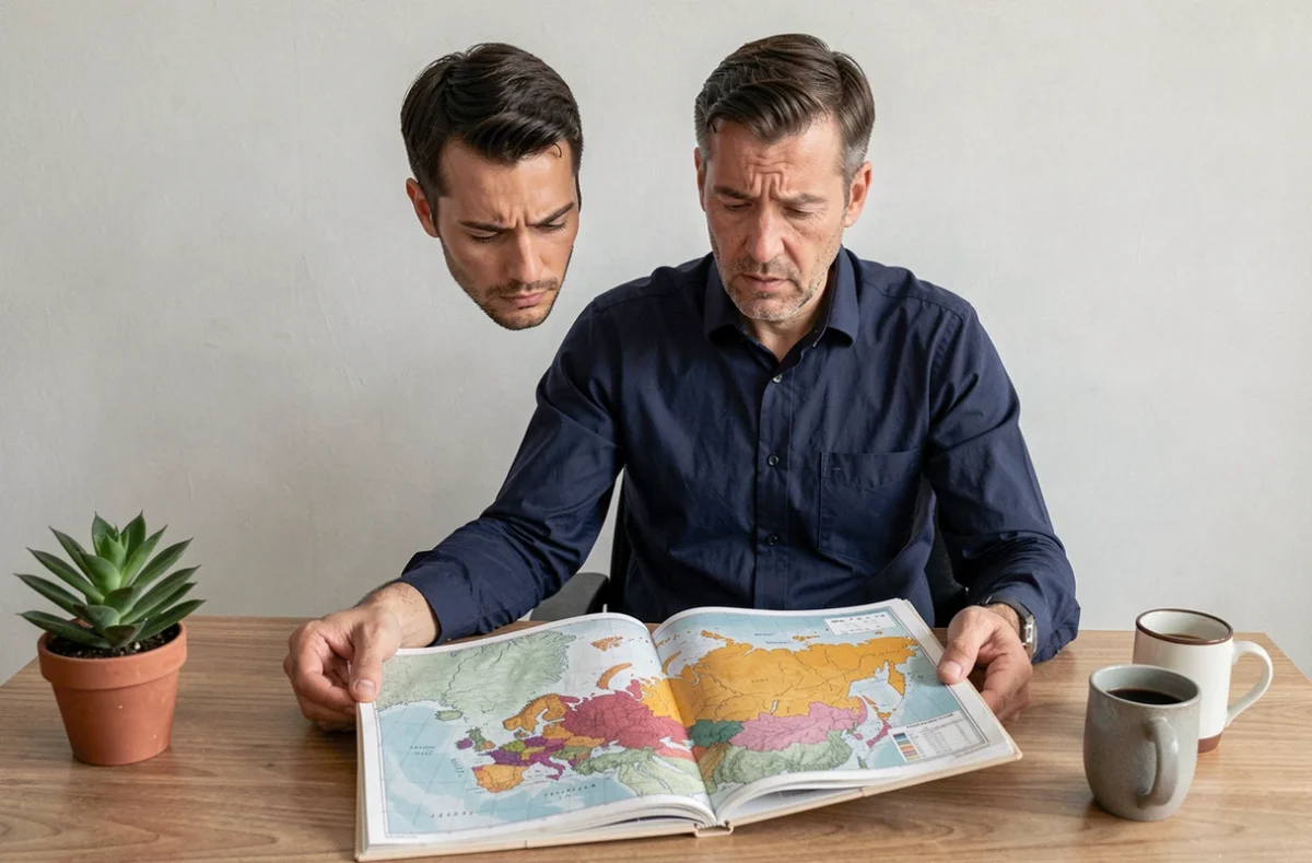 Homme étudiant un atlas géographique ouvert sur une carte de la Russie, le plus grand pays du monde, dans un bureau épuré