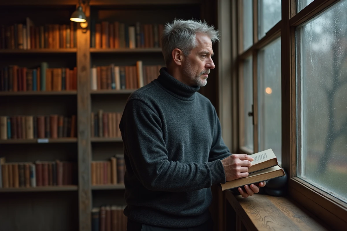 Homme contemplatif dans une bibliothèque ancienne, symbolisant la connexion intuitive et la signification de l'aura violette