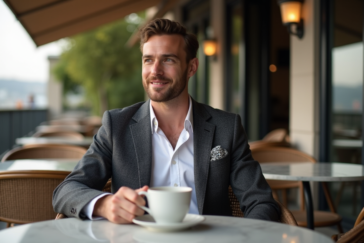 Homme bien habille assis au café en terrasse