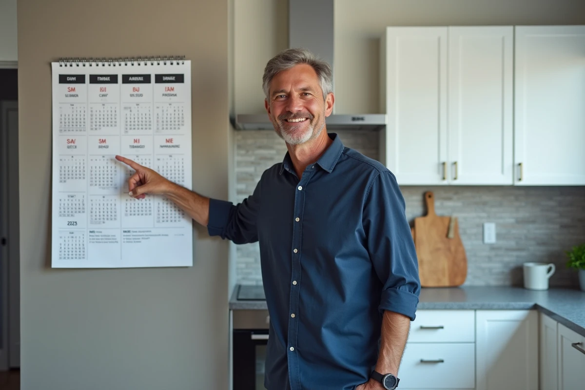 Homme pointant un calendrier mural 2026 avec semaines paires et impaires affiché dans une cuisine moderne