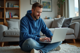 Homme décontracté travaillant sur son ordinateur dans un salon moderne