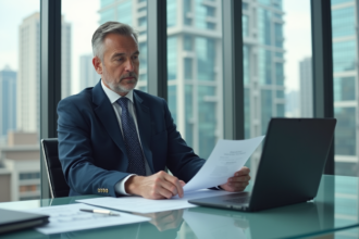 Homme d'âge moyen en costume bleu dans un bureau moderne