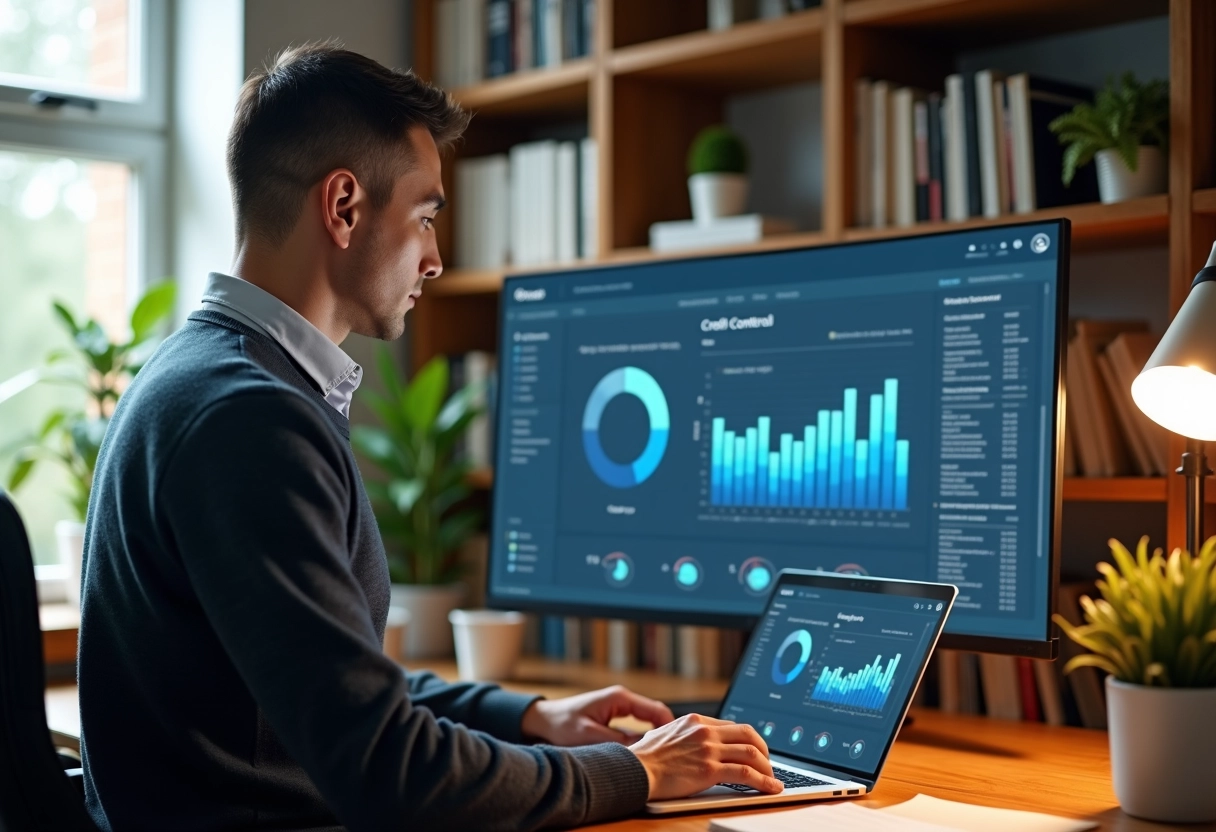 Homme en tenue décontractée consulte un tableau de contrôle crédit