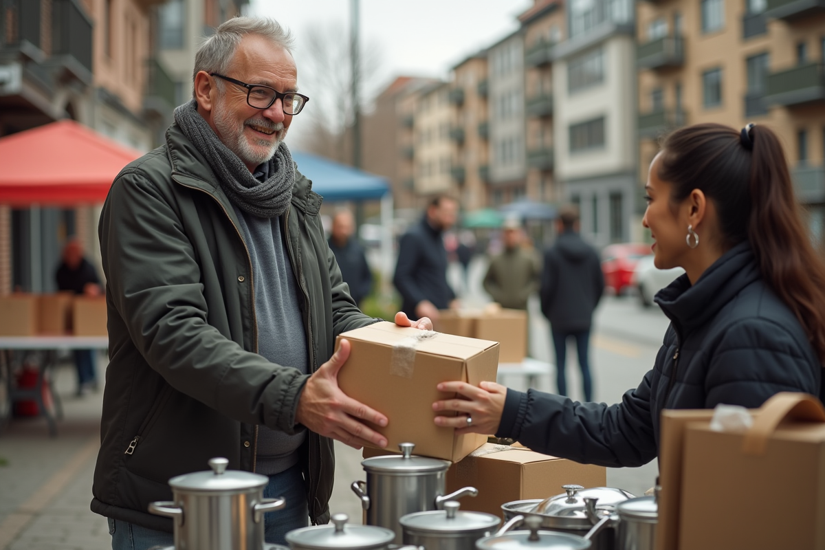 Homme souriant donnant des ustensiles à un bénévole