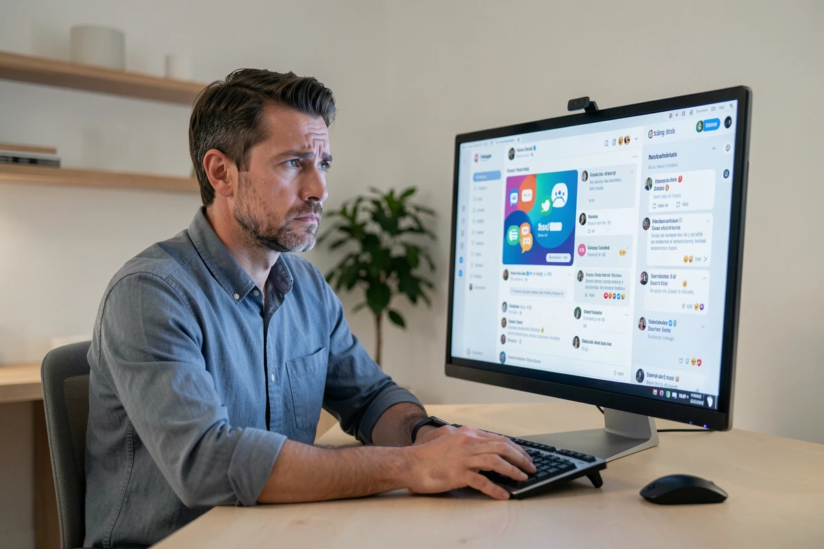 Homme songeur devant un écran affichant des réseaux sociaux, symbolisant la définition et les mécanismes du cancel culture en ligne