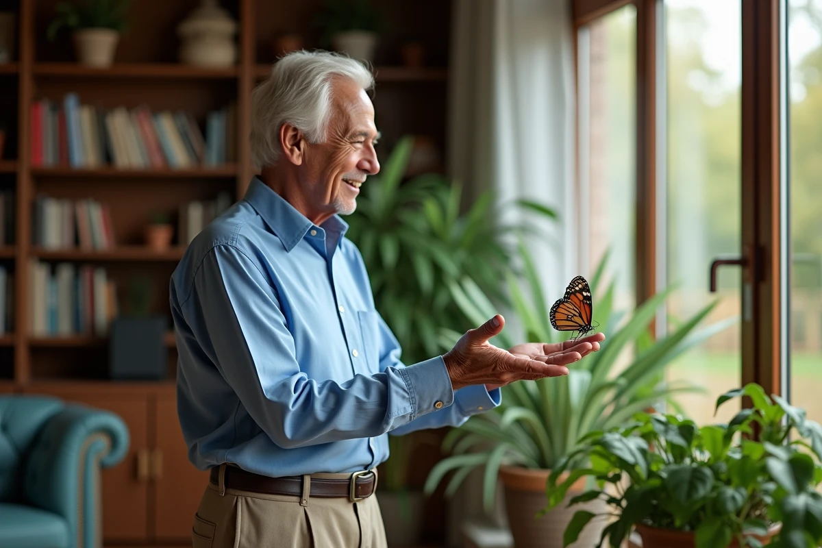 Homme âgé tenant un papillon dans une pièce chaleureuse et cosy