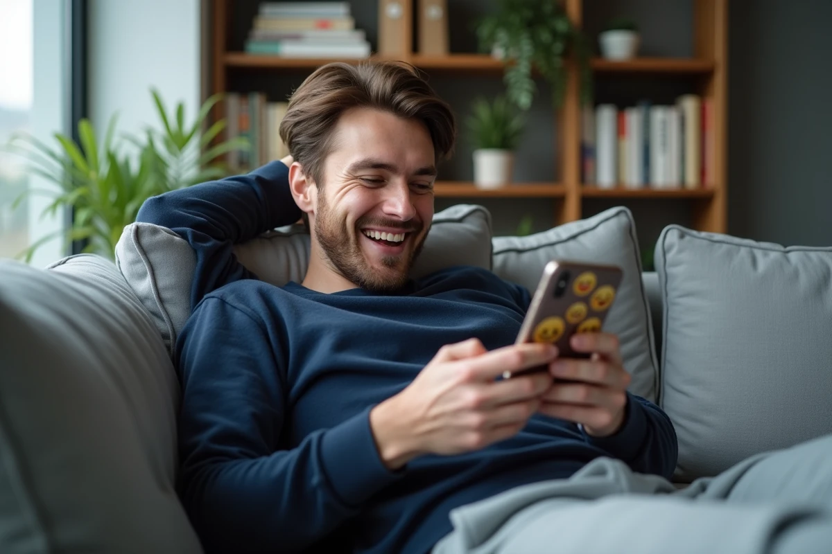 Homme riant sur son canapé en lisant une conversation avec des emojis sur son téléphone