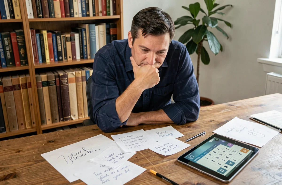 Homme réfléchissant à une énigme de mots de 9 lettres sur une tablette