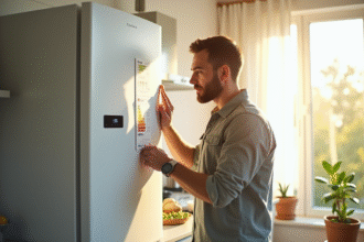 Homme étudiant une étiquette d'efficacité énergétique sur un frigo moderne