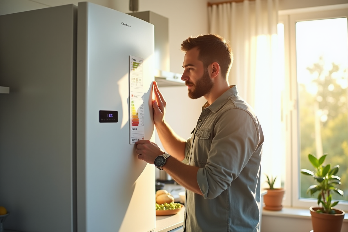 Homme étudiant une étiquette d'efficacité énergétique sur un frigo moderne