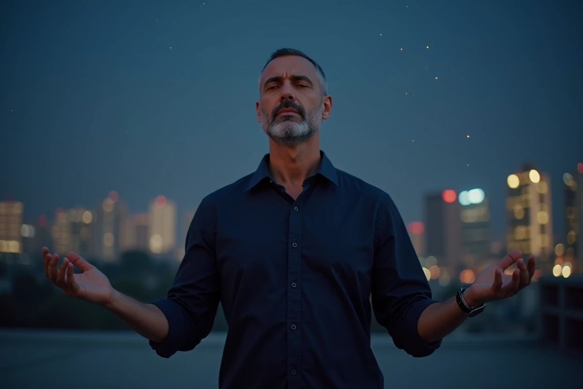 Homme en méditation sur une terrasse urbaine la nuit avec une montre affichant 23h23, ciel étoilé et skyline de ville en arrière-plan évoquant une quête spirituelle