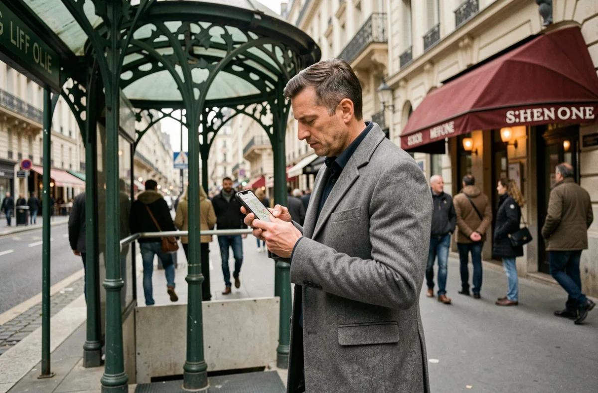 Homme sortant d'une station de métro parisienne avec son smartphone affichant un itinéraire vers la Rue Vivienne