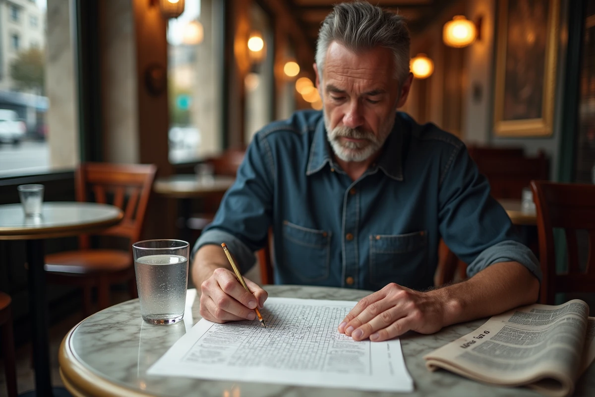 Homme résolvant une grille de mots croisés imprimée dans un café bistrot français avec un crayon à la main