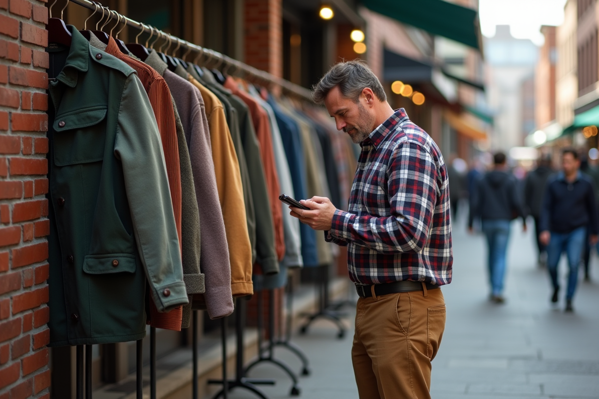 Homme photographiant des vestes vintage au marché en plein air