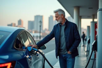 Homme rechargeant une voiture à hydrogène en ville