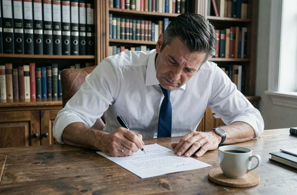 Homme rédigeant une lettre formelle à la main dans un bureau à domicile, cherchant la bonne formule de politesse professionnelle