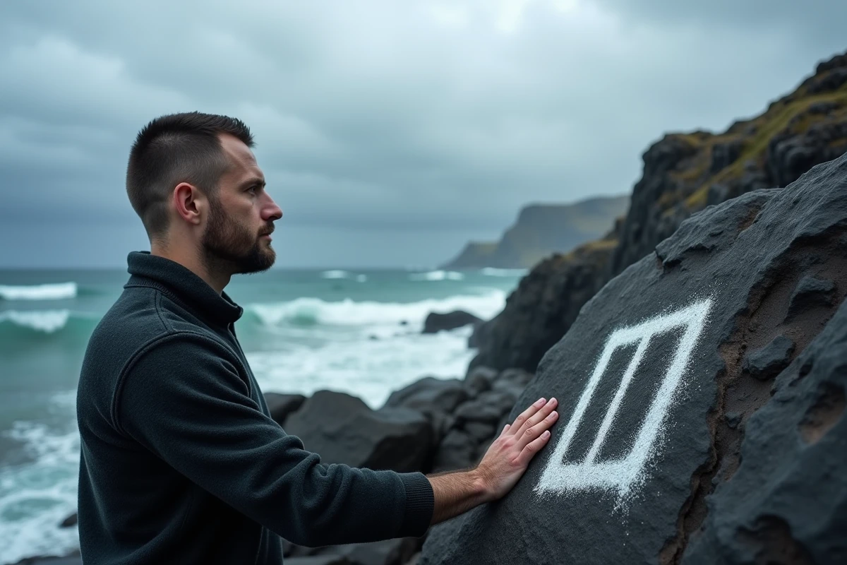 Homme devant la rune Vegvisir tracée à la craie sur un rocher basaltique au bord d'une côte islandaise