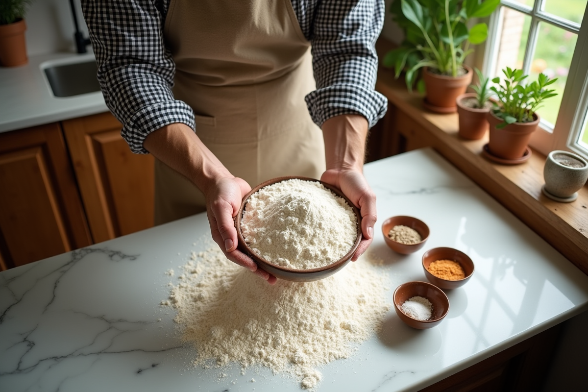 Homme tamise de la farine d