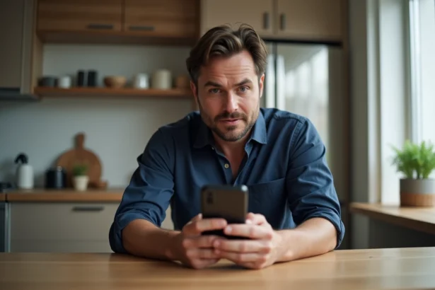Homme dans la cuisine moderne vérifiant son smartphone