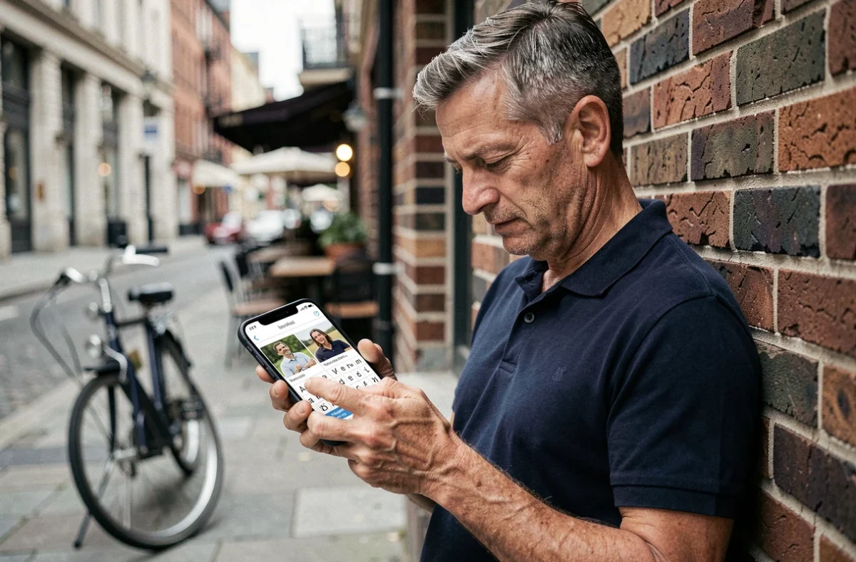 Homme consultant l'index alphabétique des solutions du jeu 4 images 1 mot 5 lettres sur smartphone en ville