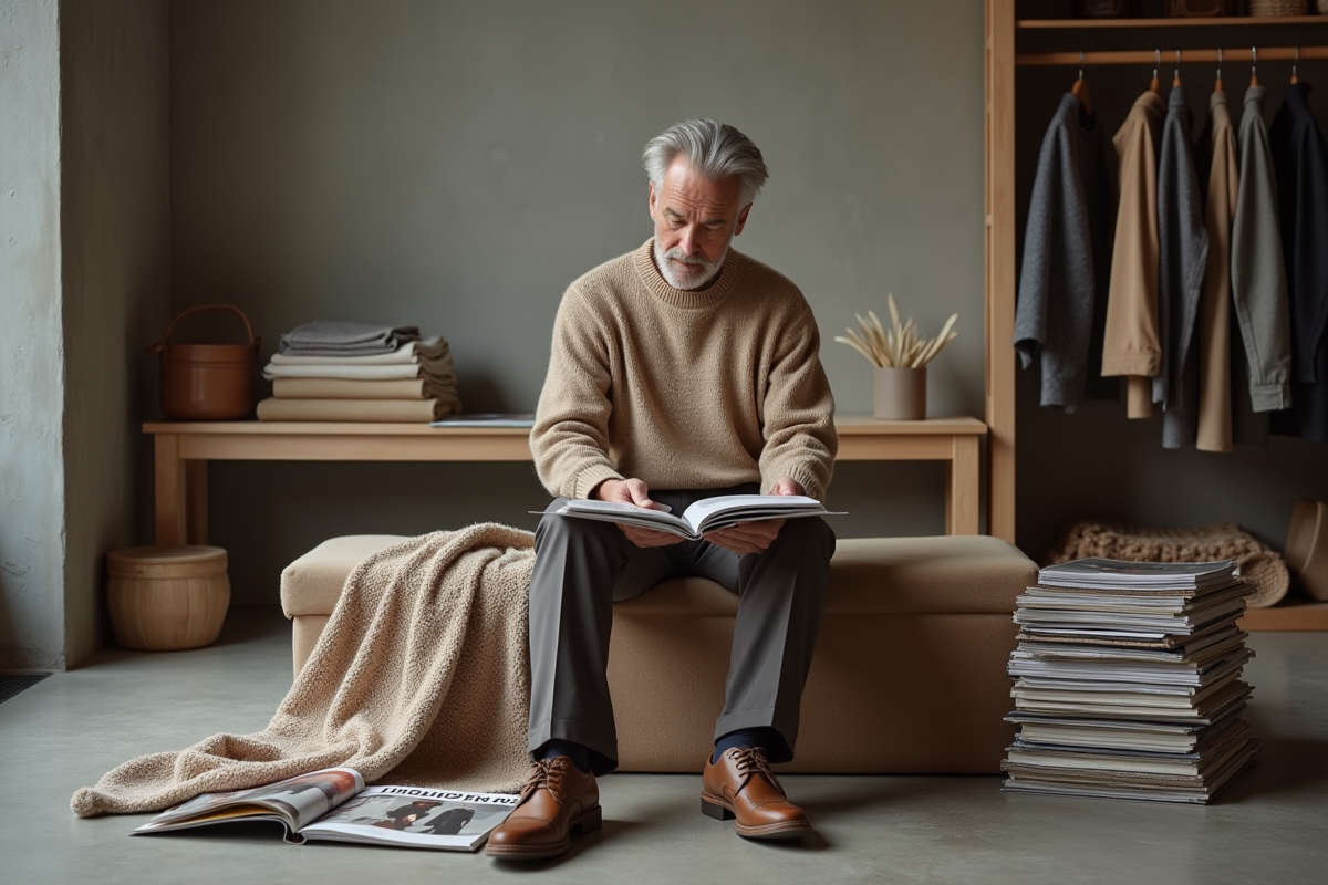 Homme en pull terre et magazines dans un studio créatif