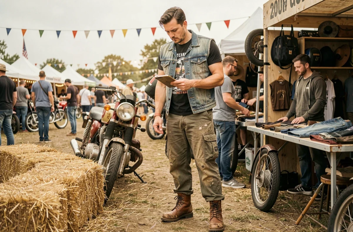 Homme en gilet denim et boots au stand de merchandising biker du festival Luynes 2026