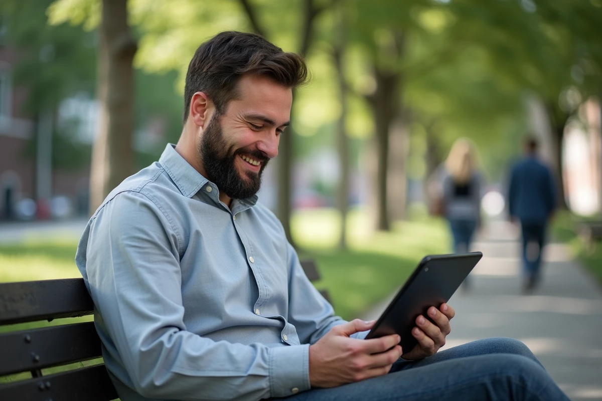 Homme avec tablette assis dans un parc urbain