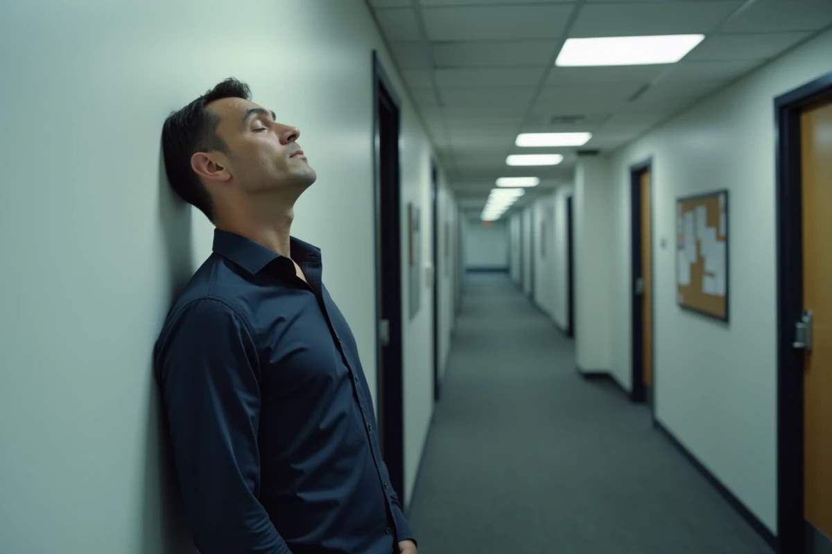Homme adossé contre un mur de couloir de bureau les yeux fermés, exprimant la tension émotionnelle causée par des paroles dures au travail