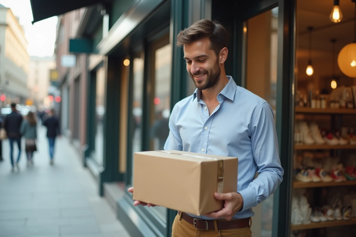 Homme dans la rue inspectant un colis reçu