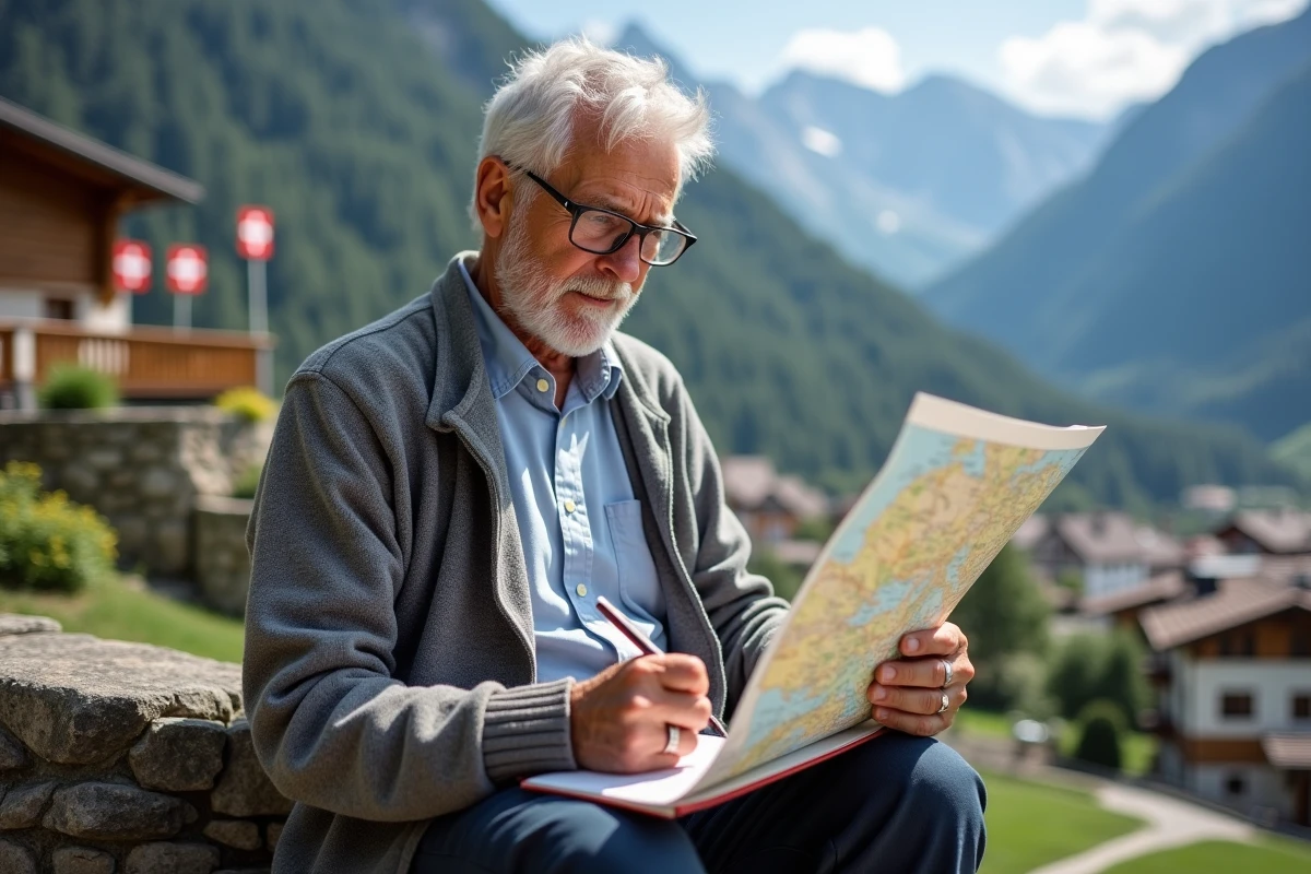 Homme âgé étudiant une carte de la Suisse en plein air