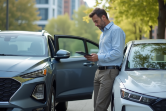 Homme d'âge moyen étudie un tableau numérique près d'une voiture hybride