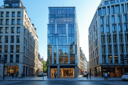 Bâtiments modernes de banques à Paris avec reflets et piétons