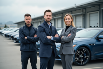 Trois ingénieurs automobiles devant des berlines modernes