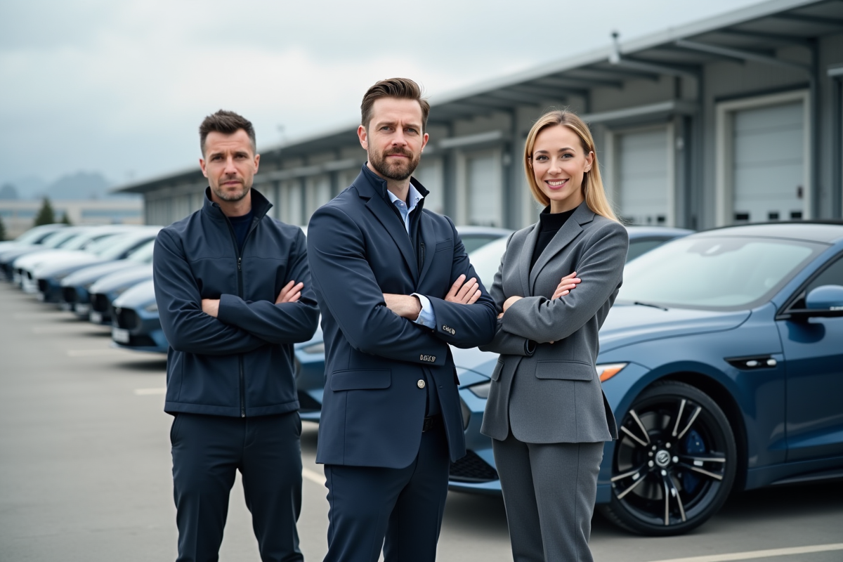 Trois ingénieurs automobiles devant des berlines modernes