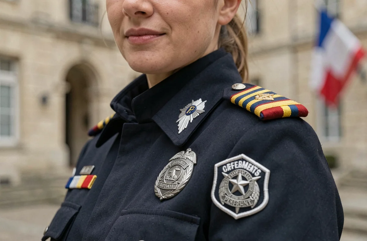 Gros plan sur les insignes de grade d'une pompière en uniforme officiel avec badge et épaulettes