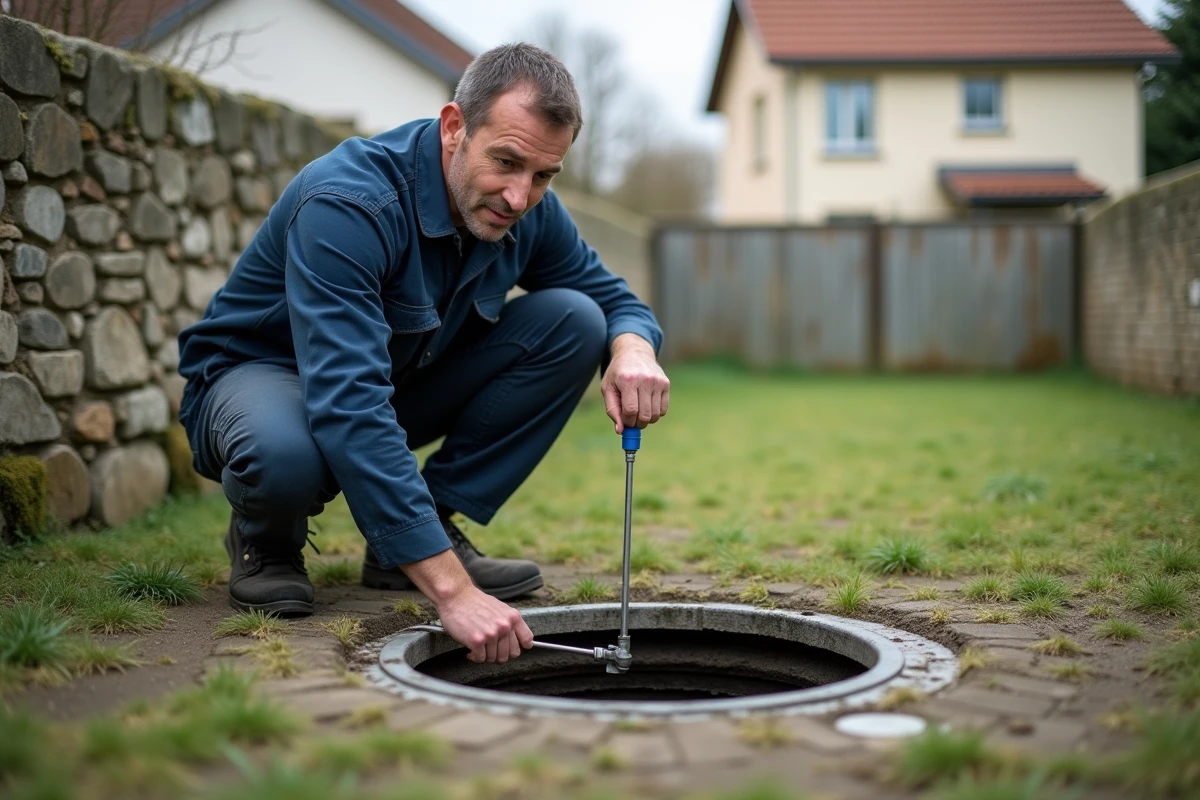 Technicien inspectant un regard de séparation des eaux usées et eaux pluviales dans un jardin pavillonnaire