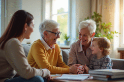 Interaction chaleureuse entre un travailleur social et une famille souriante dans un salon lumineux