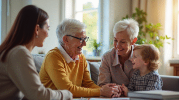 Interaction chaleureuse entre un travailleur social et une famille souriante dans un salon lumineux