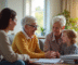 Interaction chaleureuse entre un travailleur social et une famille souriante dans un salon lumineux