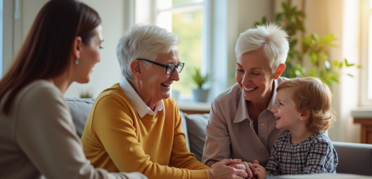 Interaction chaleureuse entre un travailleur social et une famille souriante dans un salon lumineux