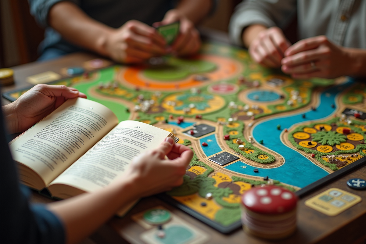 Mains jouant à Mille Bornes avec règle ouverte en vue