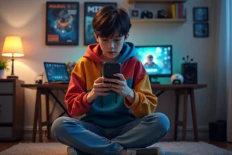 Adolescent avec hoodie coloré utilisant son smartphone dans sa chambre