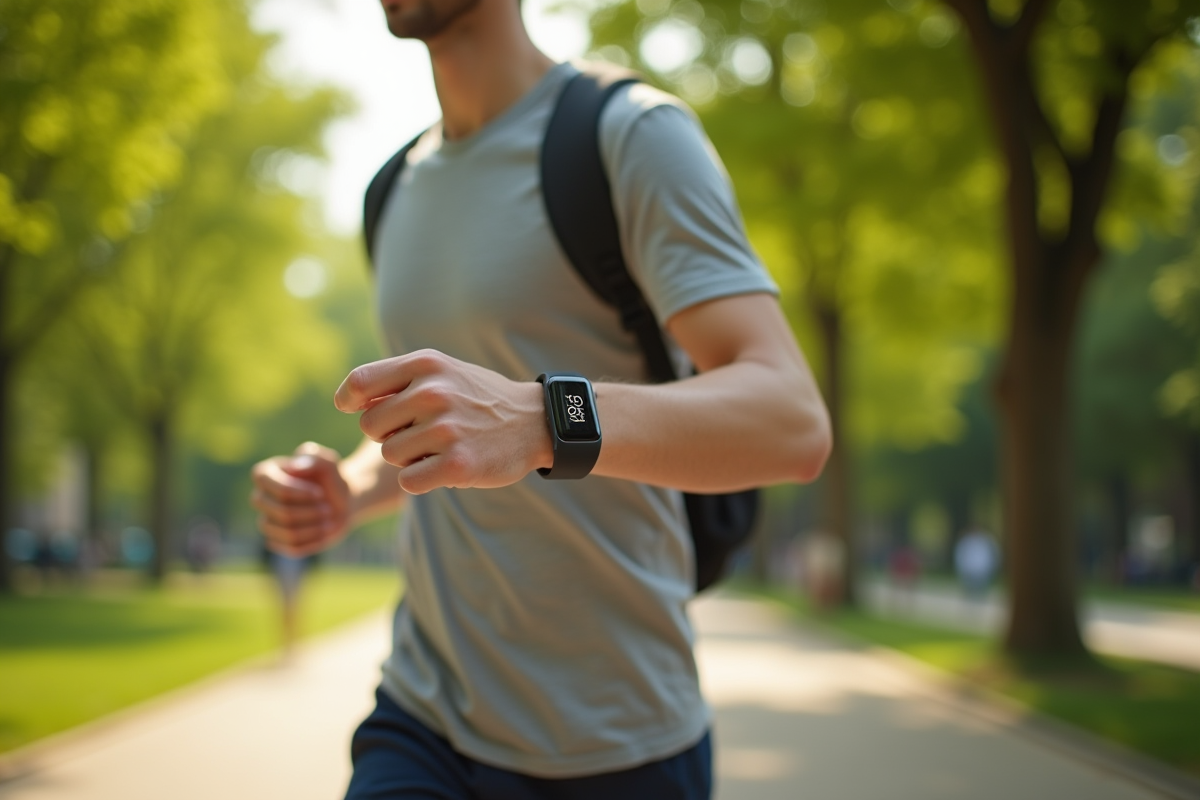 Jeune adulte marchant dans un parc urbain ensoleille avec un tracker d'activité