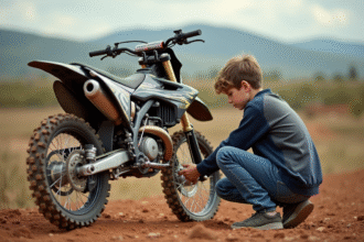 Jeune garçon en motocross ajustant sa moto en plein air